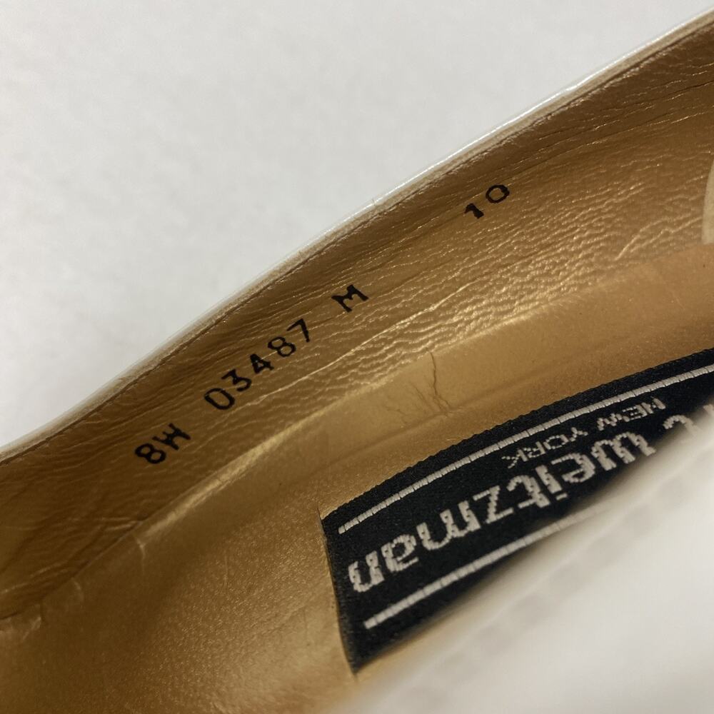 Stuart Weitzman White Pump Leather Gold Slim Heel Classic Vintage Almond Toe 10 - Picture 9 of 10